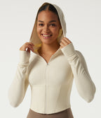 Hooded Long Sleeve Workout Jacket with Thumb Hole — Milky Yellow — view 6