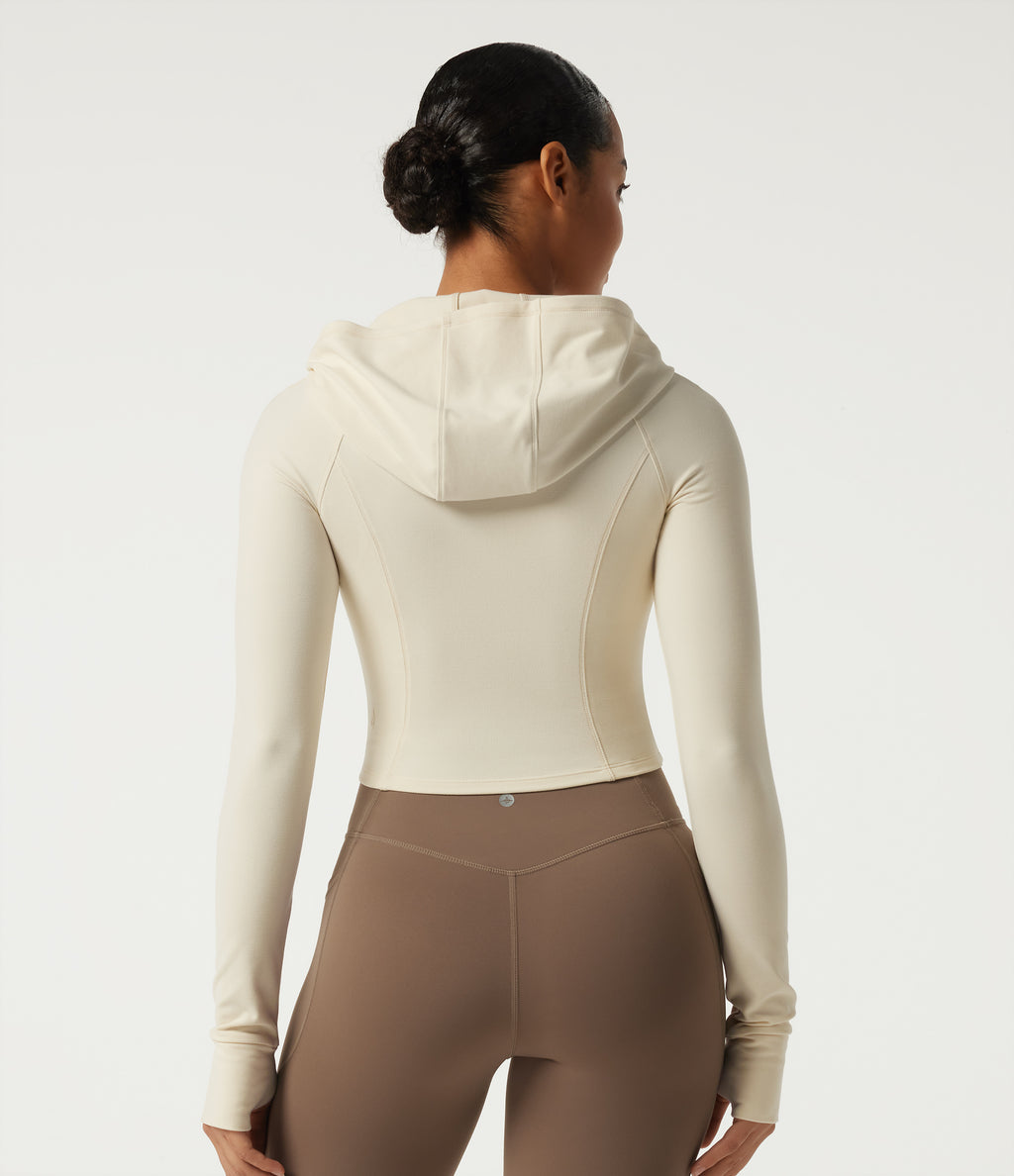 Hooded Long Sleeve Workout Jacket with Thumb Hole — Milky Yellow — view 2