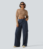 Mid Rise Corduroy Wide Leg Casual Trousers with Pockets — Foggy Blue — view 7