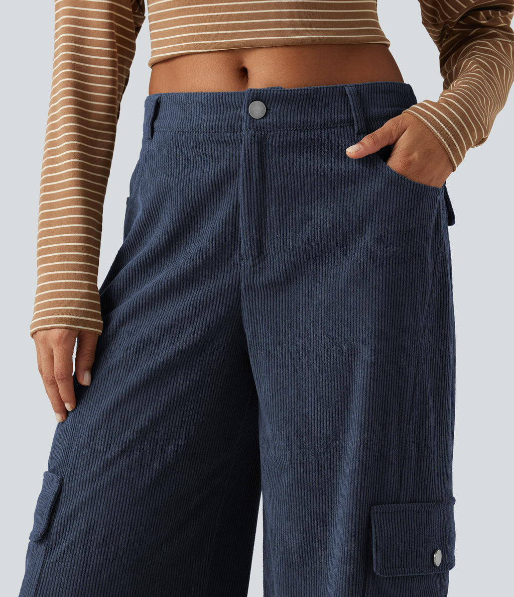 Mid Rise Corduroy Wide Leg Casual Trousers with Pockets — Foggy Blue — view 4