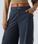 Mid Rise Corduroy Wide Leg Casual Trousers with Pockets — Foggy Blue — view 4
