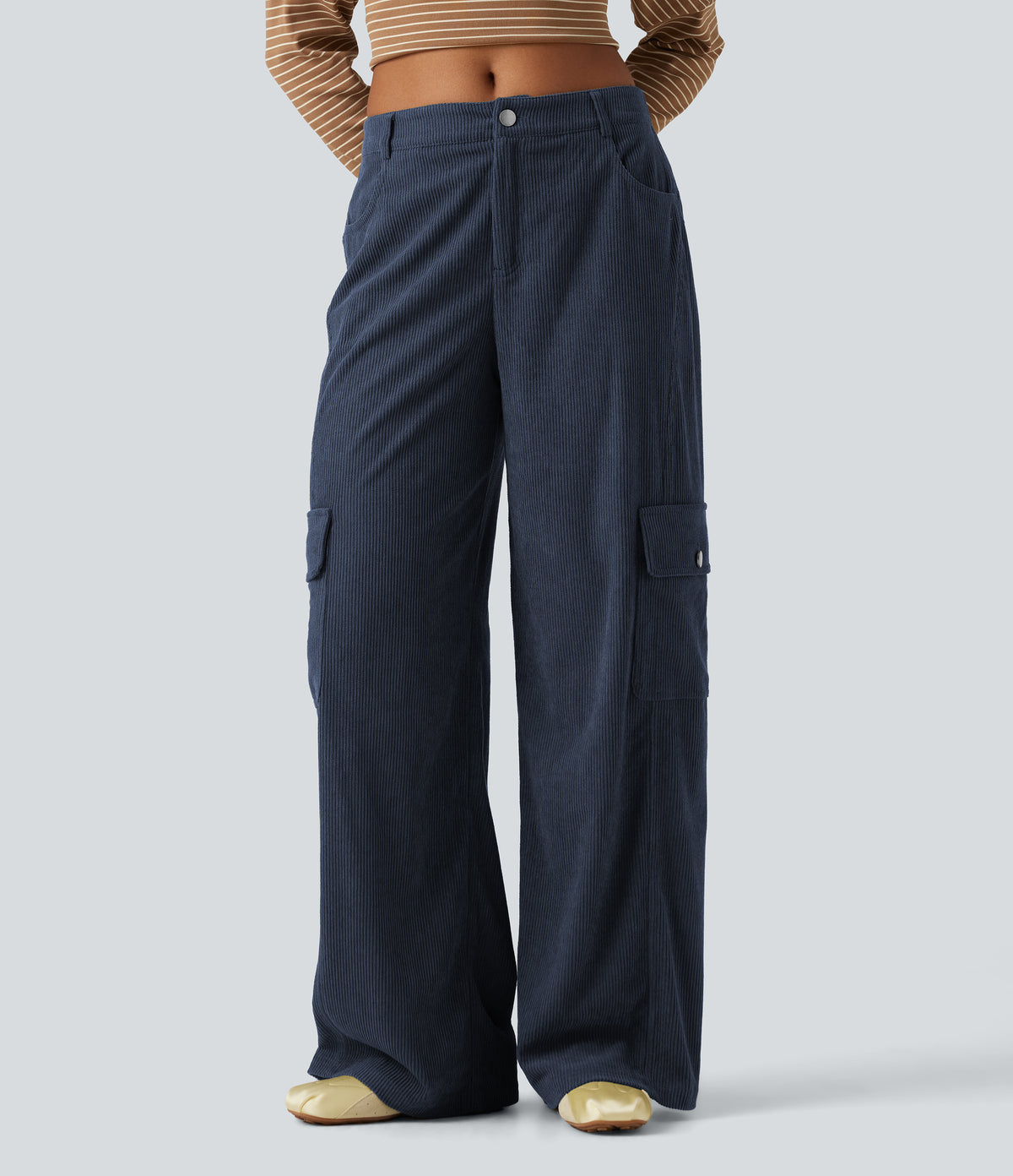Mid Rise Corduroy Wide Leg Casual Trousers with Pockets — Foggy Blue — view 1