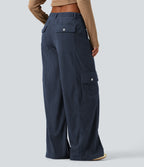 Mid Rise Corduroy Wide Leg Casual Trousers with Pockets — Foggy Blue — view 2