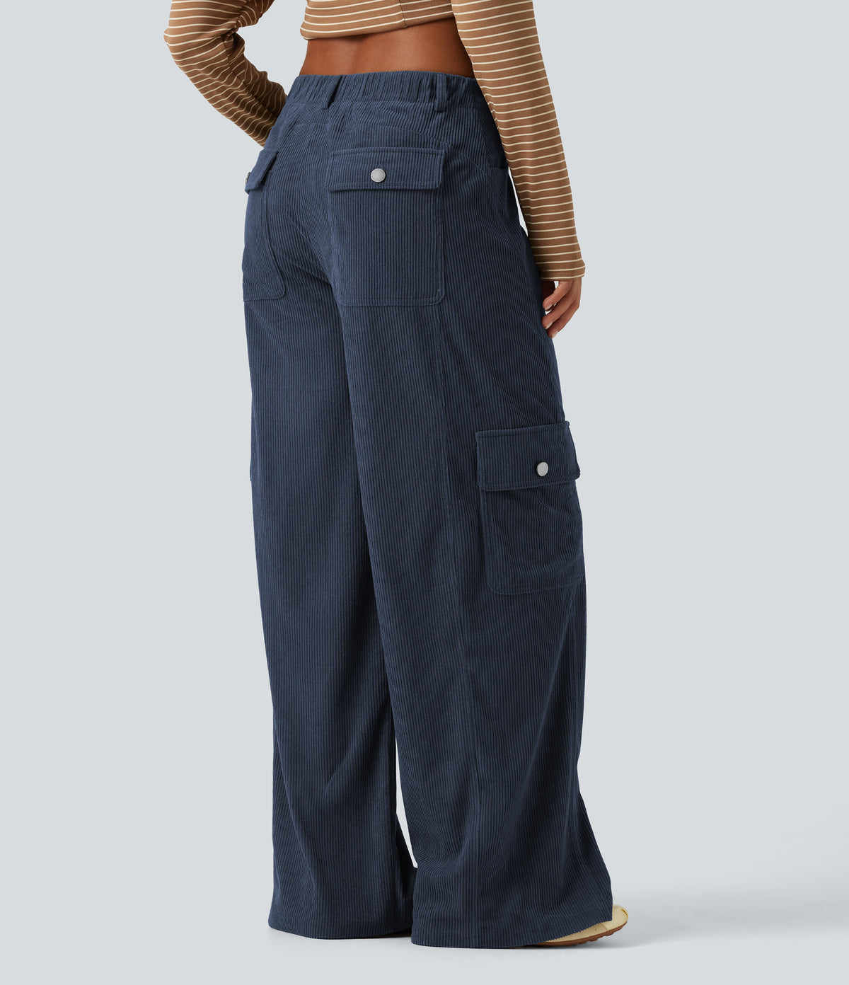 Mid Rise Corduroy Wide Leg Casual Trousers with Pockets — Foggy Blue — view 2