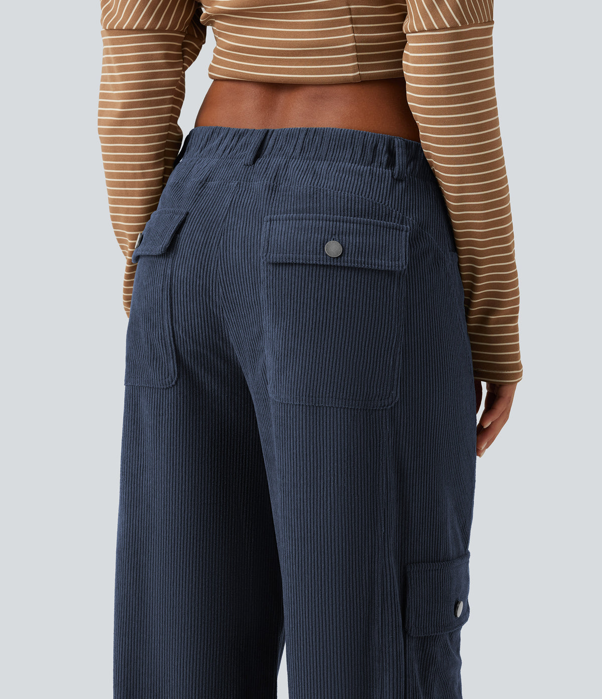 Mid Rise Corduroy Wide Leg Casual Trousers with Pockets — Foggy Blue — view 5