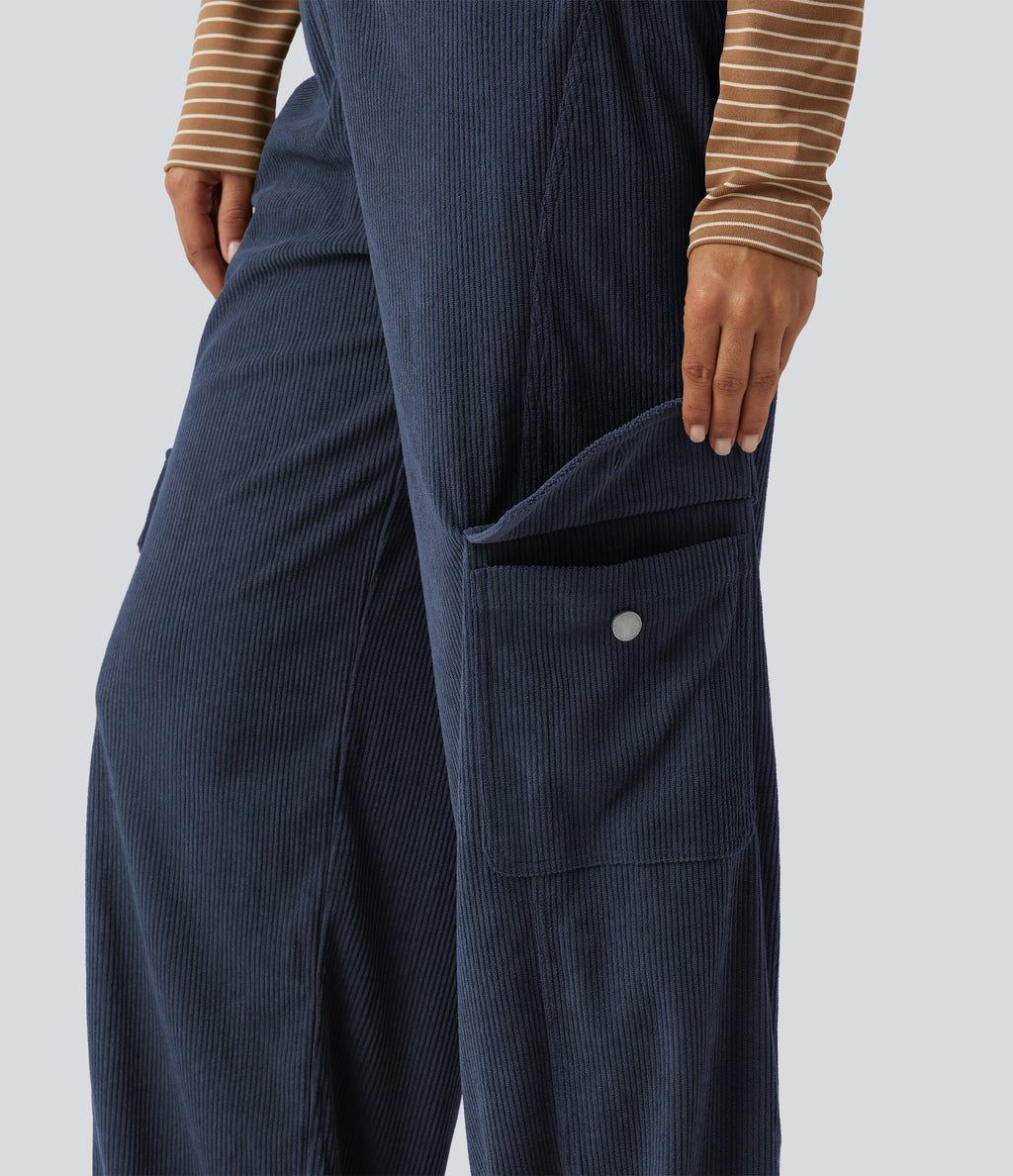 Mid Rise Corduroy Wide Leg Casual Trousers with Pockets — Foggy Blue — view 6