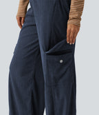 Mid Rise Corduroy Wide Leg Casual Trousers with Pockets — Foggy Blue — view 6