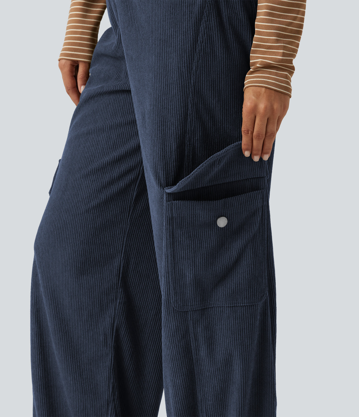Mid Rise Corduroy Wide Leg Casual Trousers with Pockets — Foggy Blue — view 6