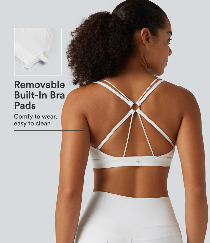 Airy Light Support Deep V Neck Contrast Mesh Quick Dry Yoga Sports Bra with Built-in Bra — White — view 1