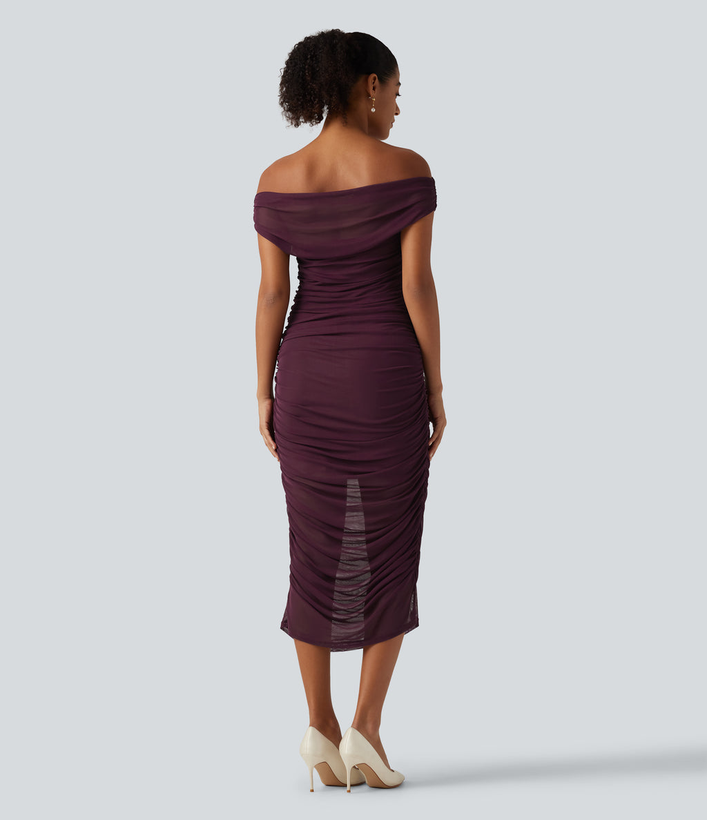 Off Shoulder Ruched Mesh Bodycon Party Midi Dress — Red Mahogany — view 2