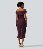 Off Shoulder Ruched Mesh Bodycon Party Midi Dress — Red Mahogany — view 2