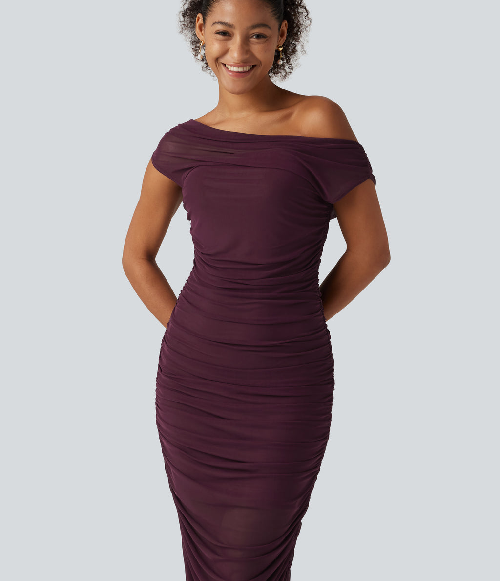 Off Shoulder Ruched Mesh Bodycon Party Midi Dress — Red Mahogany — view 7