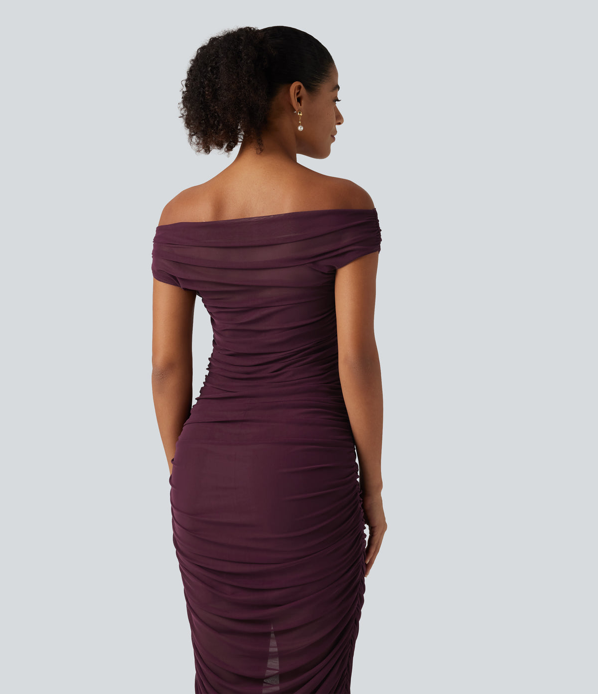 Off Shoulder Ruched Mesh Bodycon Party Midi Dress — Red Mahogany — view 6
