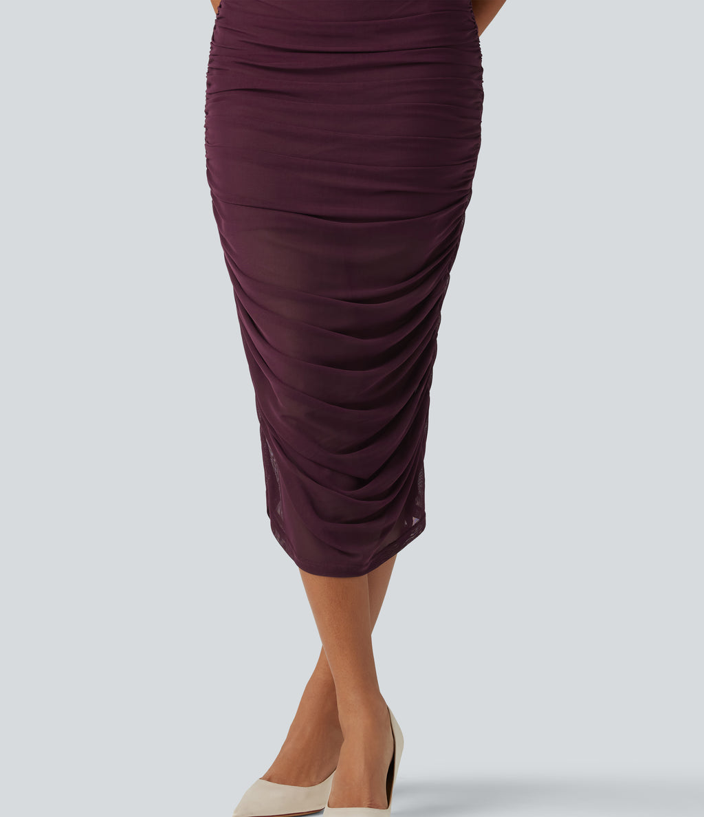 Off Shoulder Ruched Mesh Bodycon Party Midi Dress — Red Mahogany — view 8