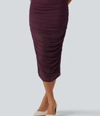 Off Shoulder Ruched Mesh Bodycon Party Midi Dress — Red Mahogany — view 8