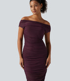 Off Shoulder Ruched Mesh Bodycon Party Midi Dress — Red Mahogany — view 5