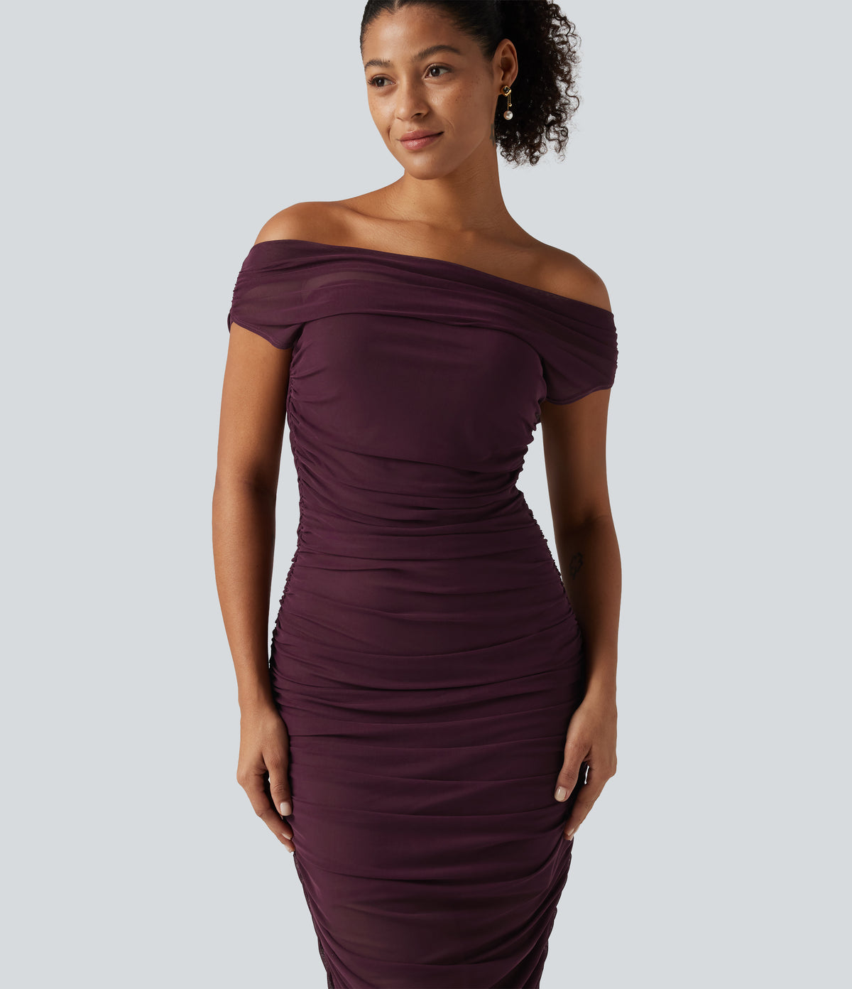 Off Shoulder Ruched Mesh Bodycon Party Midi Dress — Red Mahogany — view 5