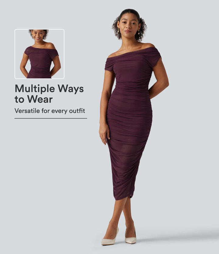 Off Shoulder Ruched Mesh Bodycon Party Midi Dress — Red Mahogany — view 1