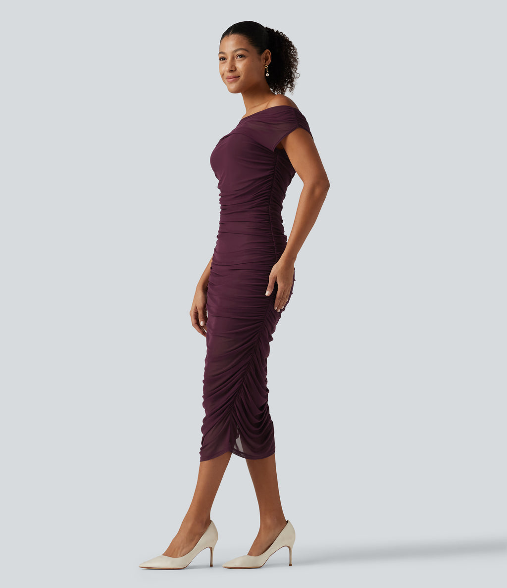 Off Shoulder Ruched Mesh Bodycon Party Midi Dress — Red Mahogany — view 4