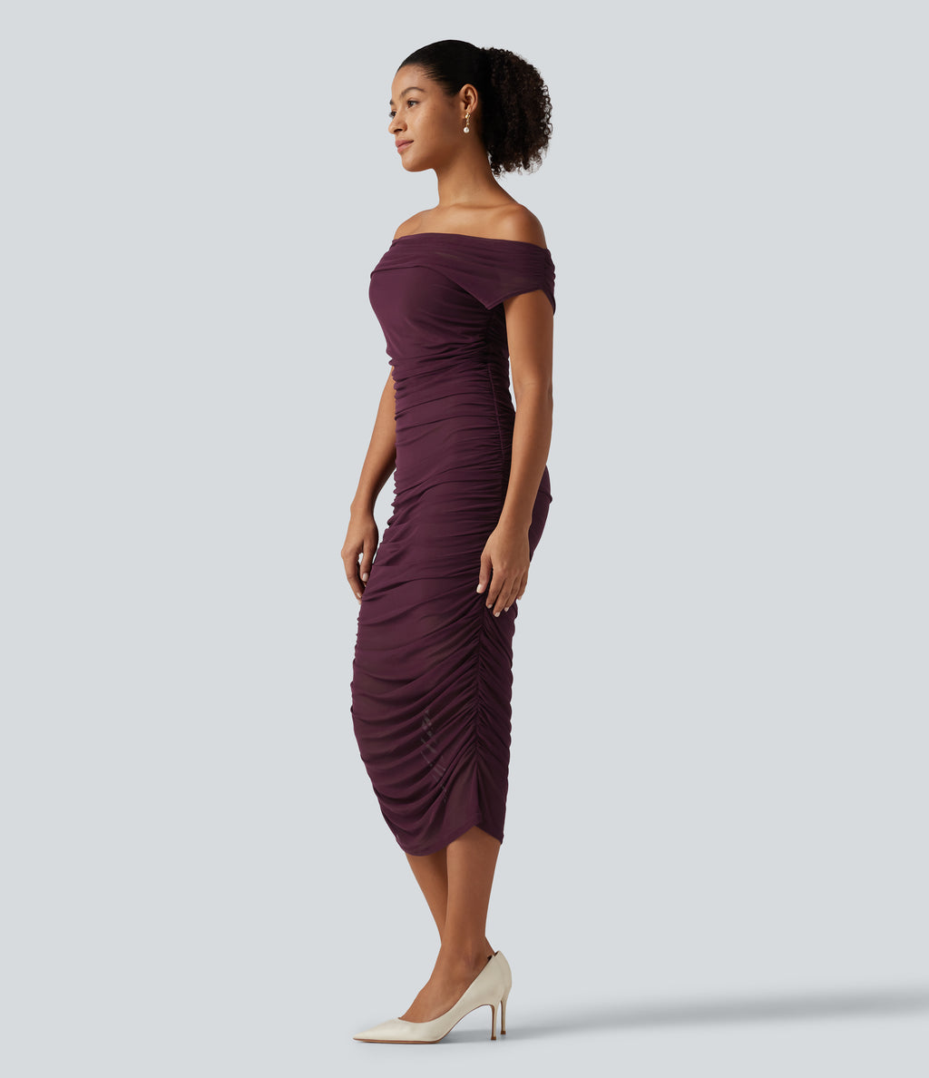 Off Shoulder Ruched Mesh Bodycon Party Midi Dress — Red Mahogany — view 3
