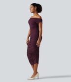 Off Shoulder Ruched Mesh Bodycon Party Midi Dress — Red Mahogany — view 3