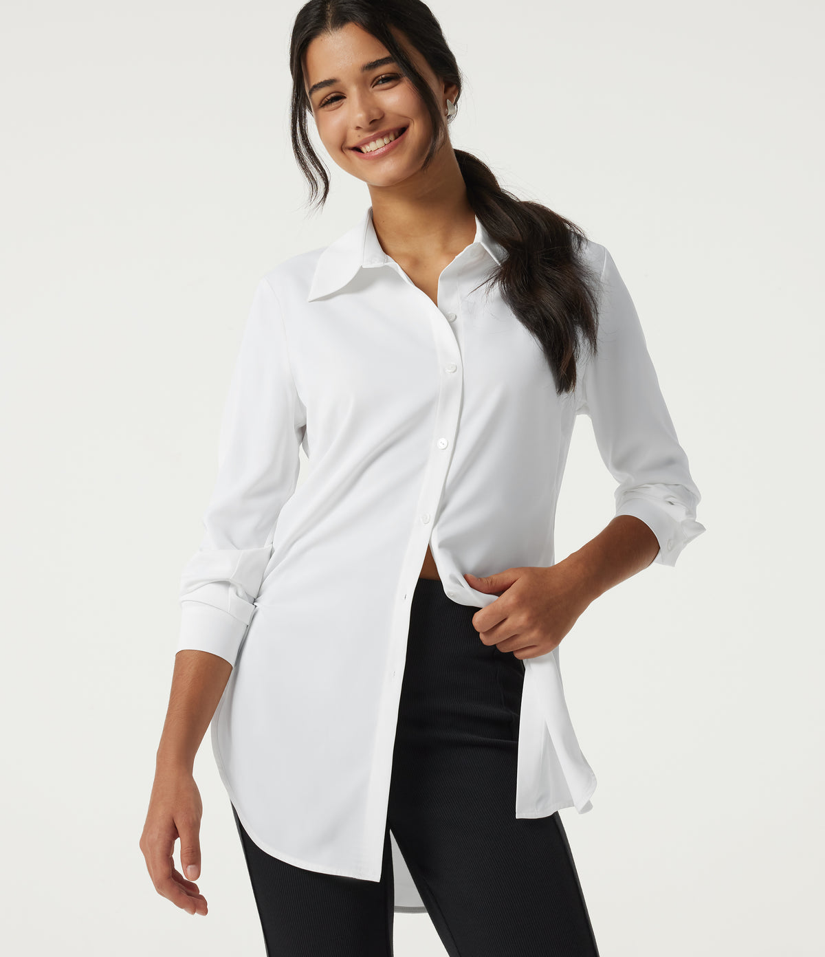 Wrinkle Recovery Long Sleeve Curved Hem Work Shirt — White — view 1