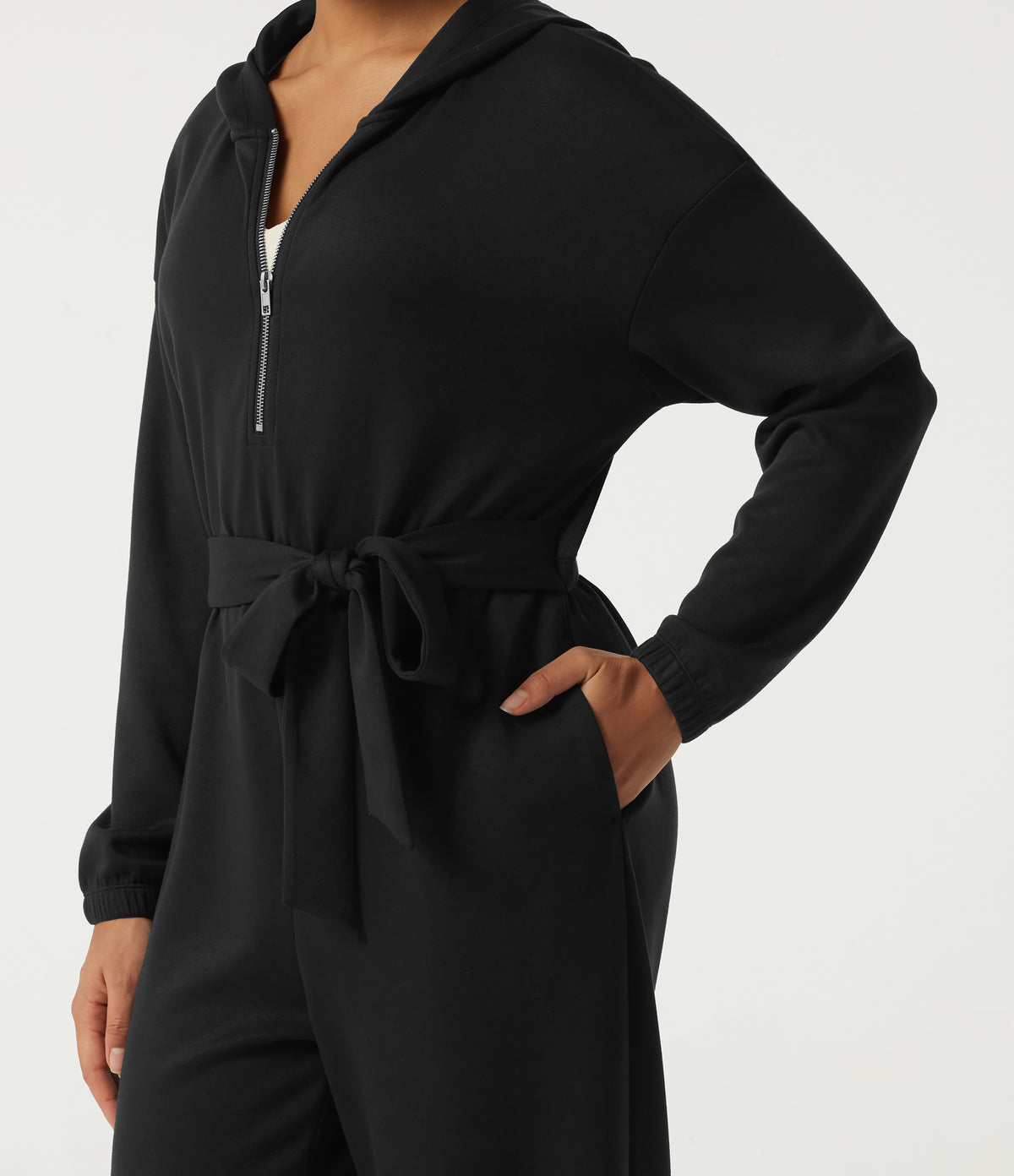 Hooded Dropped Long Sleeve Half Zip Tie Front Casual Jogger Jumpsuit with Pockets-Edition — Black — view 7