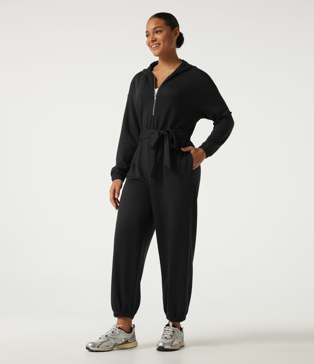 Hooded Dropped Long Sleeve Half Zip Tie Front Casual Jogger Jumpsuit with Pockets-Edition — Black — view 3