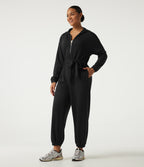 Hooded Dropped Long Sleeve Half Zip Tie Front Casual Jogger Jumpsuit with Pockets-Edition — Black — view 3