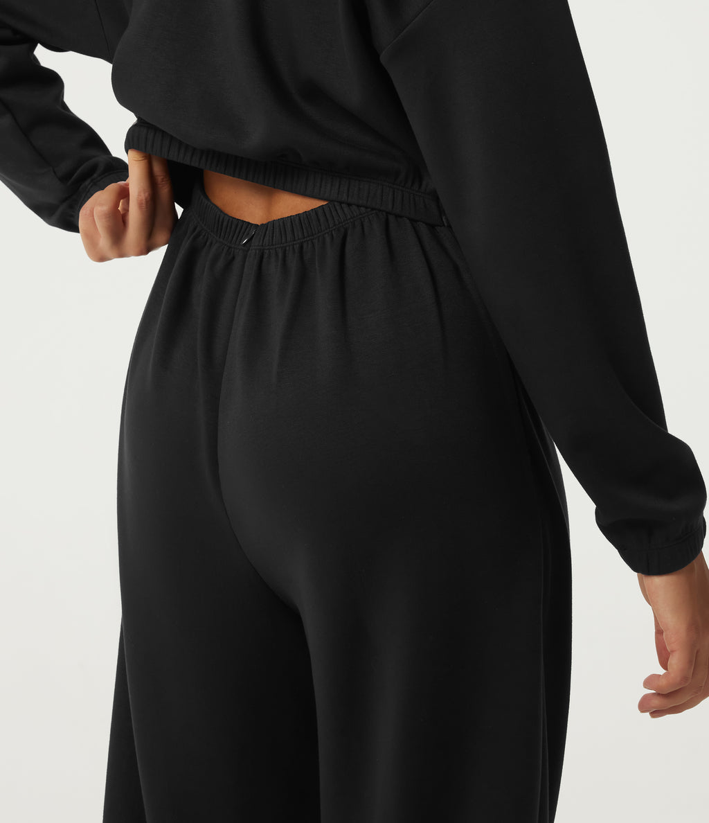 Hooded Dropped Long Sleeve Half Zip Tie Front Casual Jogger Jumpsuit with Pockets-Edition — Black — view 6