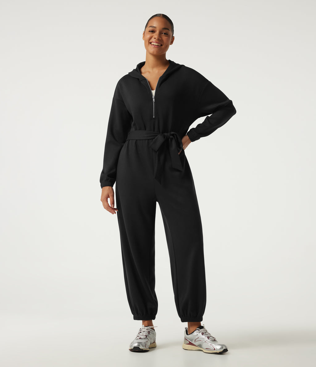 Hooded Dropped Long Sleeve Half Zip Tie Front Casual Jogger Jumpsuit with Pockets-Edition — Black — view 1