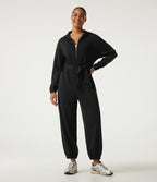 Hooded Dropped Long Sleeve Half Zip Tie Front Casual Jogger Jumpsuit with Pockets-Edition — Black — view 1