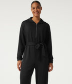 Hooded Dropped Long Sleeve Half Zip Tie Front Casual Jogger Jumpsuit with Pockets-Edition — Black — view 4