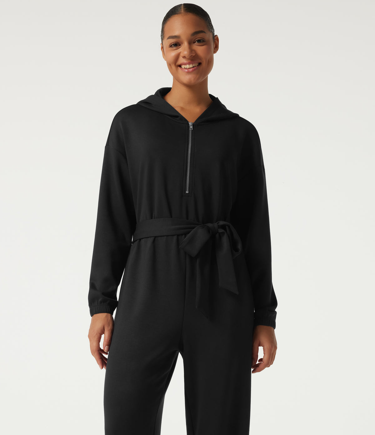 Hooded Dropped Long Sleeve Half Zip Tie Front Casual Jogger Jumpsuit with Pockets-Edition — Black — view 4