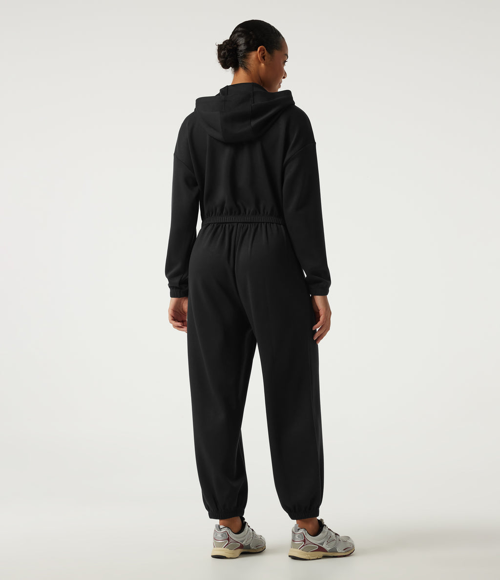 Hooded Dropped Long Sleeve Half Zip Tie Front Casual Jogger Jumpsuit with Pockets-Edition — Black — view 2