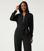 Hooded Dropped Long Sleeve Half Zip Tie Front Casual Jogger Jumpsuit with Pockets-Edition — Black — view 5