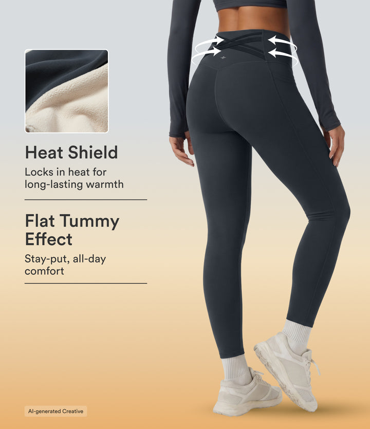 Extra Heat High Waisted Tummy Control Crossover Back Fleece Running Leggings with Pockets — Carbon — view 1