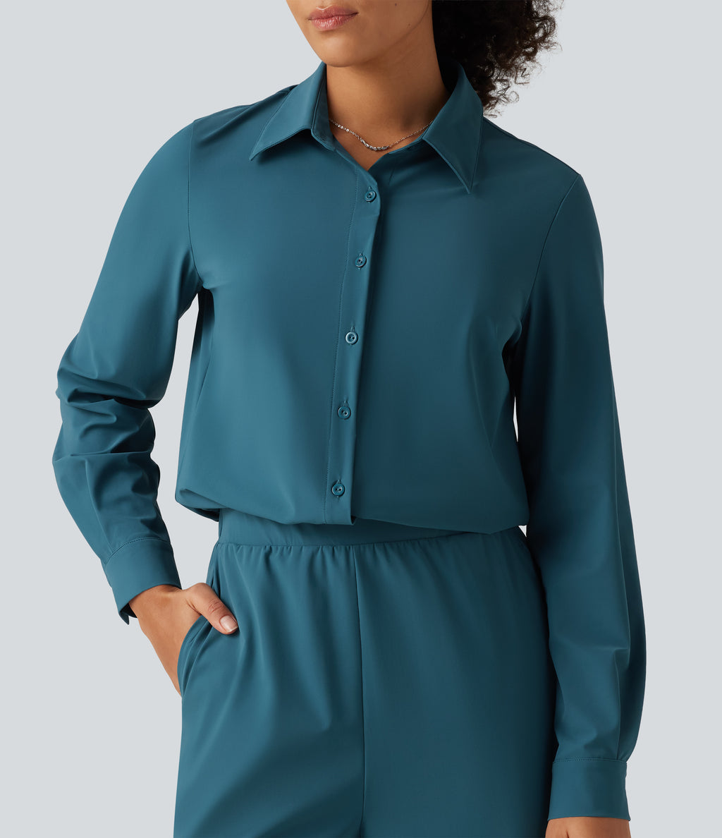 Long Sleeve Straight Leg Work Shirt Jumpsuit with Pockets-Edition — Dragonfly — view 4