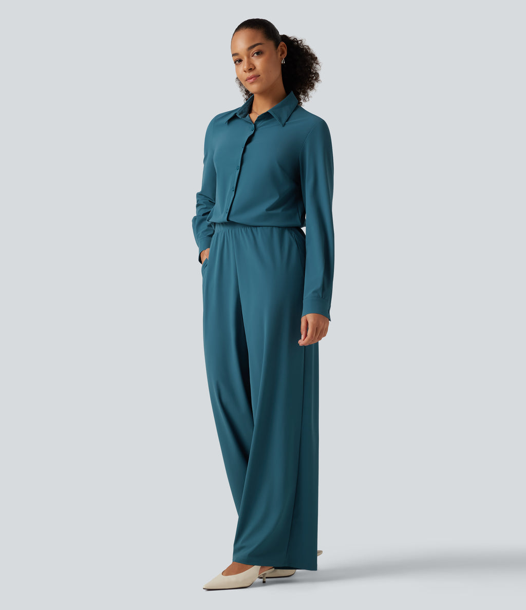 Long Sleeve Straight Leg Work Shirt Jumpsuit with Pockets-Edition — Dragonfly — view 3