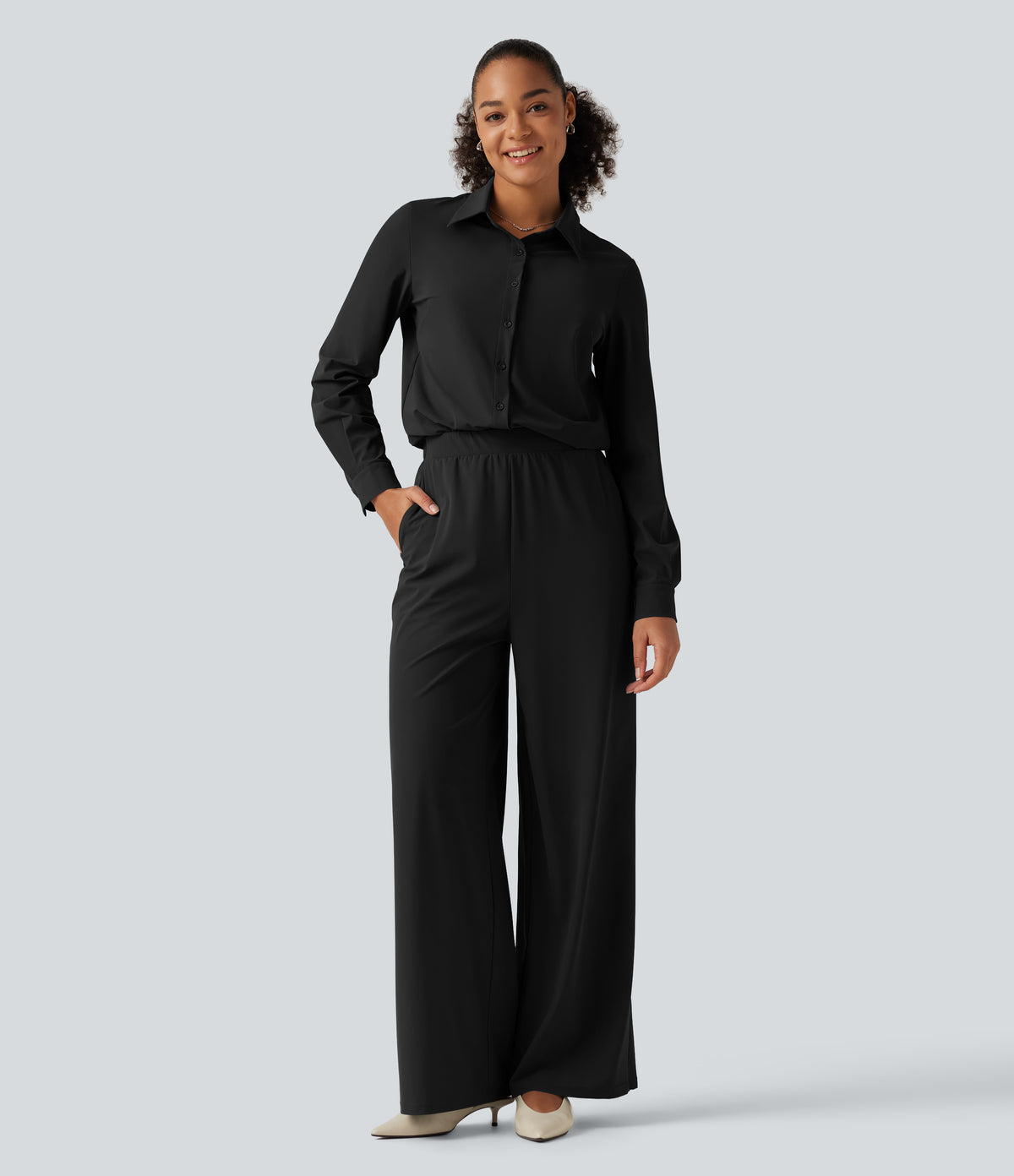 Long Sleeve Straight Leg Work Shirt Jumpsuit with Pockets-Edition — Black — view 9