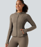 Hooded Long Sleeve Ruffle Hem Yoga Track Jacket with Pockets and Thumb Holes — Dawn Brown — view 1