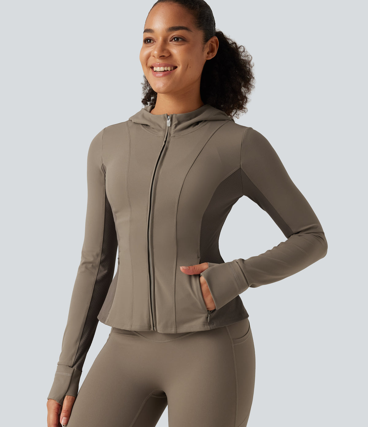Hooded Long Sleeve Ruffle Hem Yoga Track Jacket with Pockets and Thumb Holes — Dawn Brown — view 1