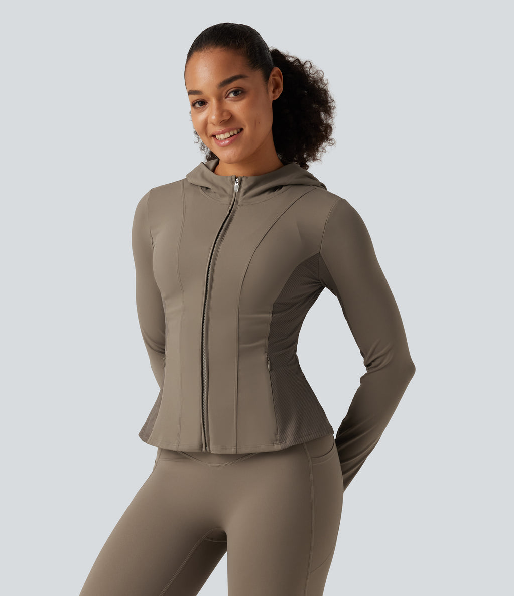 Hooded Long Sleeve Ruffle Hem Yoga Track Jacket with Pockets and Thumb Holes — Dawn Brown — view 3
