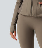 Hooded Long Sleeve Ruffle Hem Yoga Track Jacket with Pockets and Thumb Holes — Dawn Brown — view 7