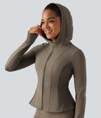 Hooded Long Sleeve Ruffle Hem Yoga Track Jacket with Pockets and Thumb Holes — Dawn Brown — view 5