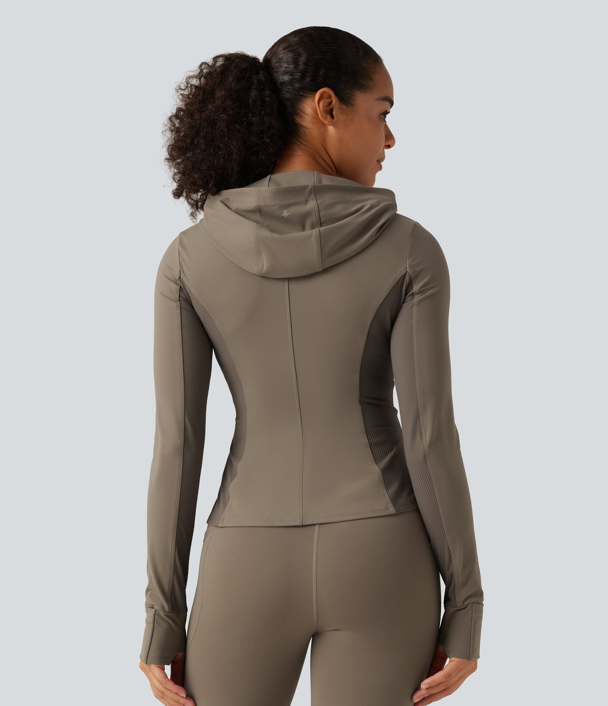 Hooded Long Sleeve Ruffle Hem Yoga Track Jacket with Pockets and Thumb Holes — Dawn Brown — view 2