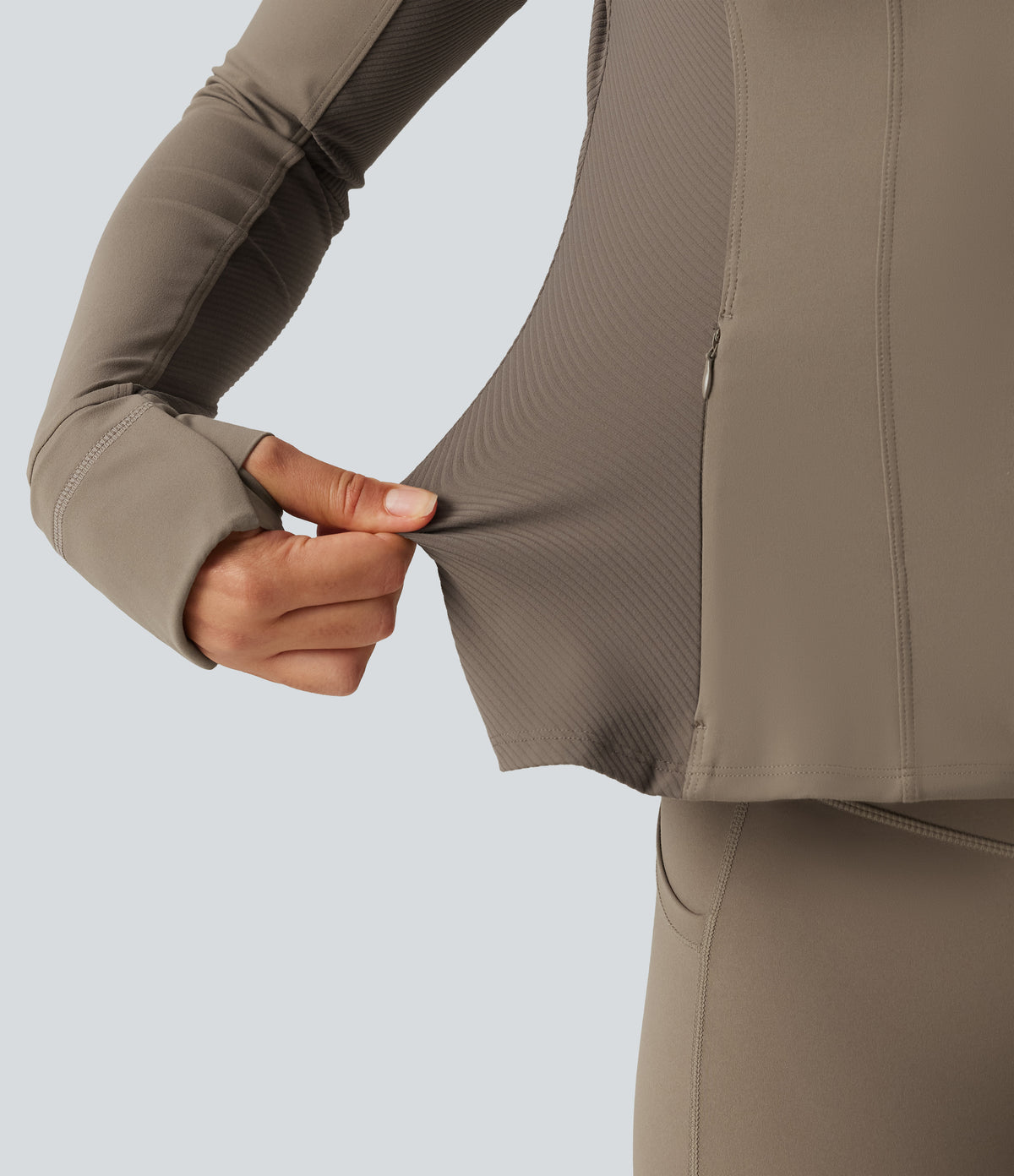 Hooded Long Sleeve Ruffle Hem Yoga Track Jacket with Pockets and Thumb Holes — Dawn Brown — view 8