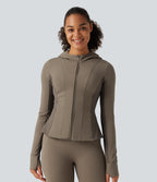 Hooded Long Sleeve Ruffle Hem Yoga Track Jacket with Pockets and Thumb Holes — Dawn Brown — view 4