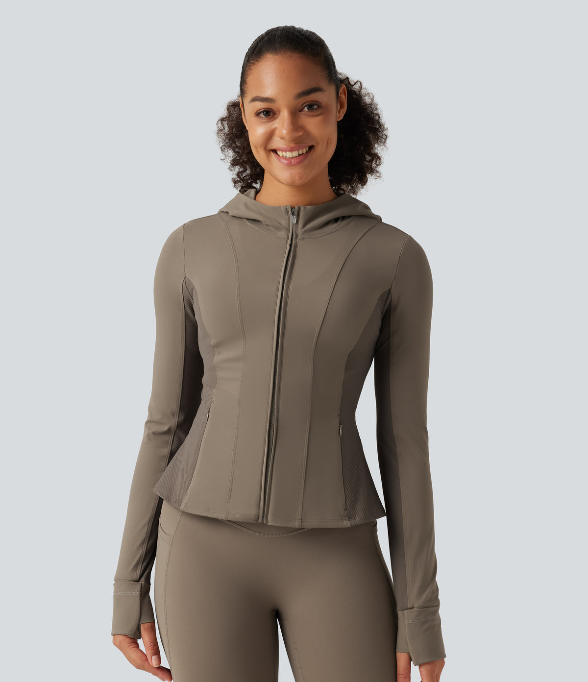Hooded Long Sleeve Ruffle Hem Yoga Track Jacket with Pockets and Thumb Holes — Dawn Brown — view 4