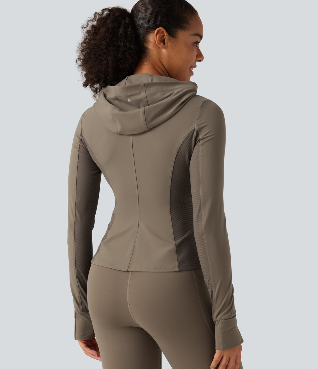 Hooded Long Sleeve Ruffle Hem Yoga Track Jacket with Pockets and Thumb Holes — Dawn Brown — view 6
